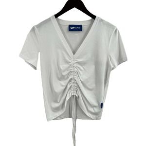 GAS‎ Jeans V Neck White Tee Ruched Front Short Sleeve Size Small New